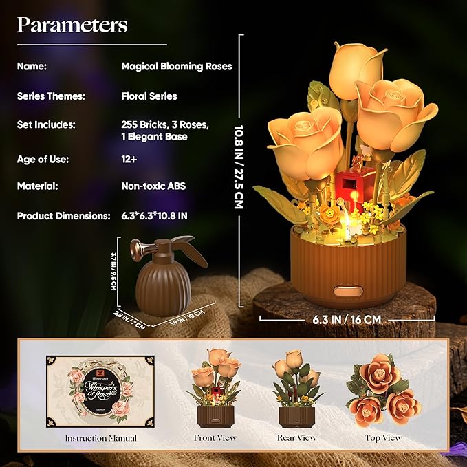 Magical Blooming Rose Building Set for Mom - Electric Moving Flower Blocks with Interactive Sound & LED Light Best Birthday for Women Grandma Wife