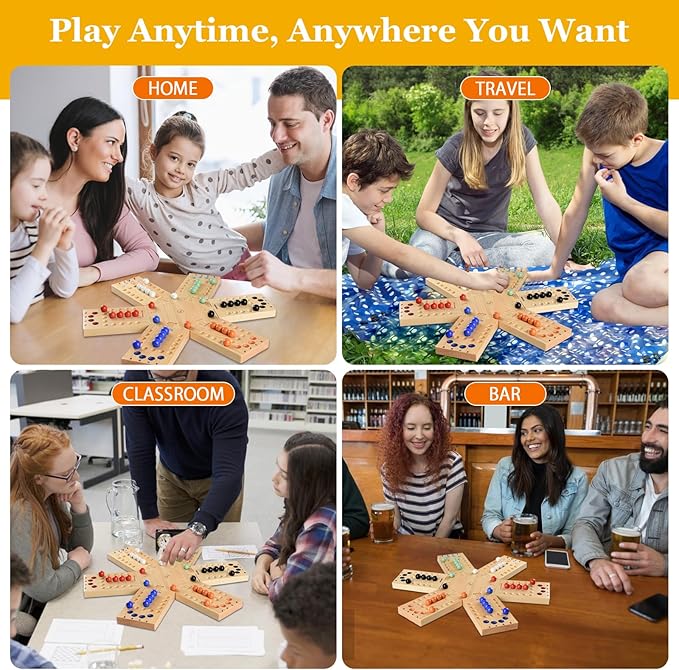 Deeper Holes & Larger Marbles Original Wooden Marble Board Game Portable for 2-6 Players Wahoo Game with 36 Marbles & 12 Dice for Family Friends Party Travel and Camping