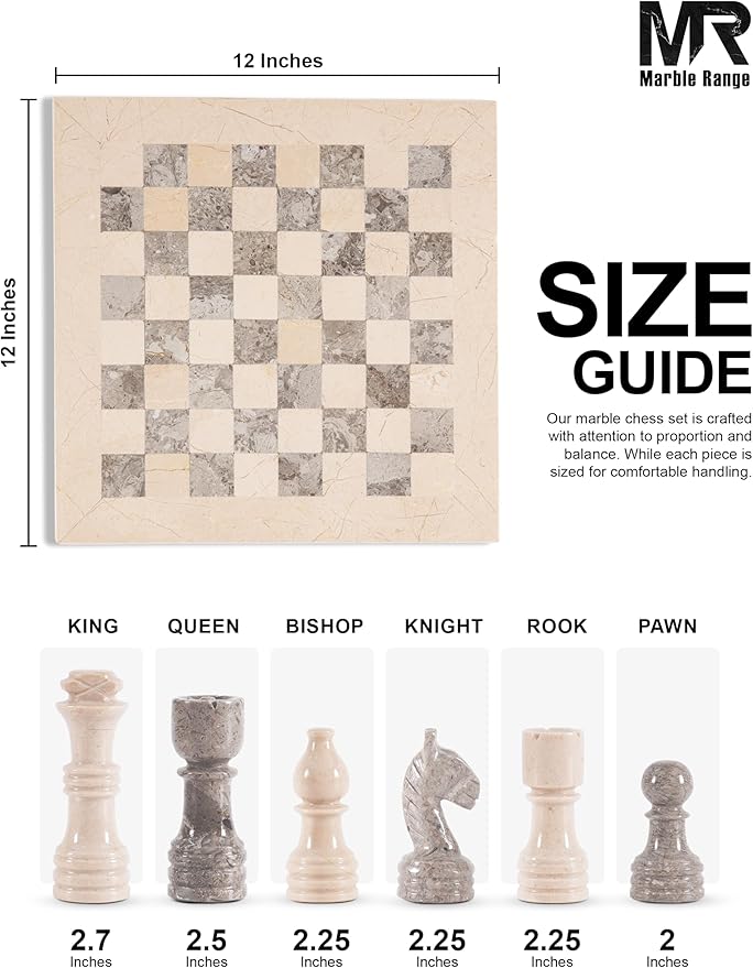 Marble Chess Set for Adults 12 Handmade Verona & Oceanic Board Game with 32 Chess Pieces 2 Extra Queens & Storage Box Luxury Travel Game Elegant for Home Decor