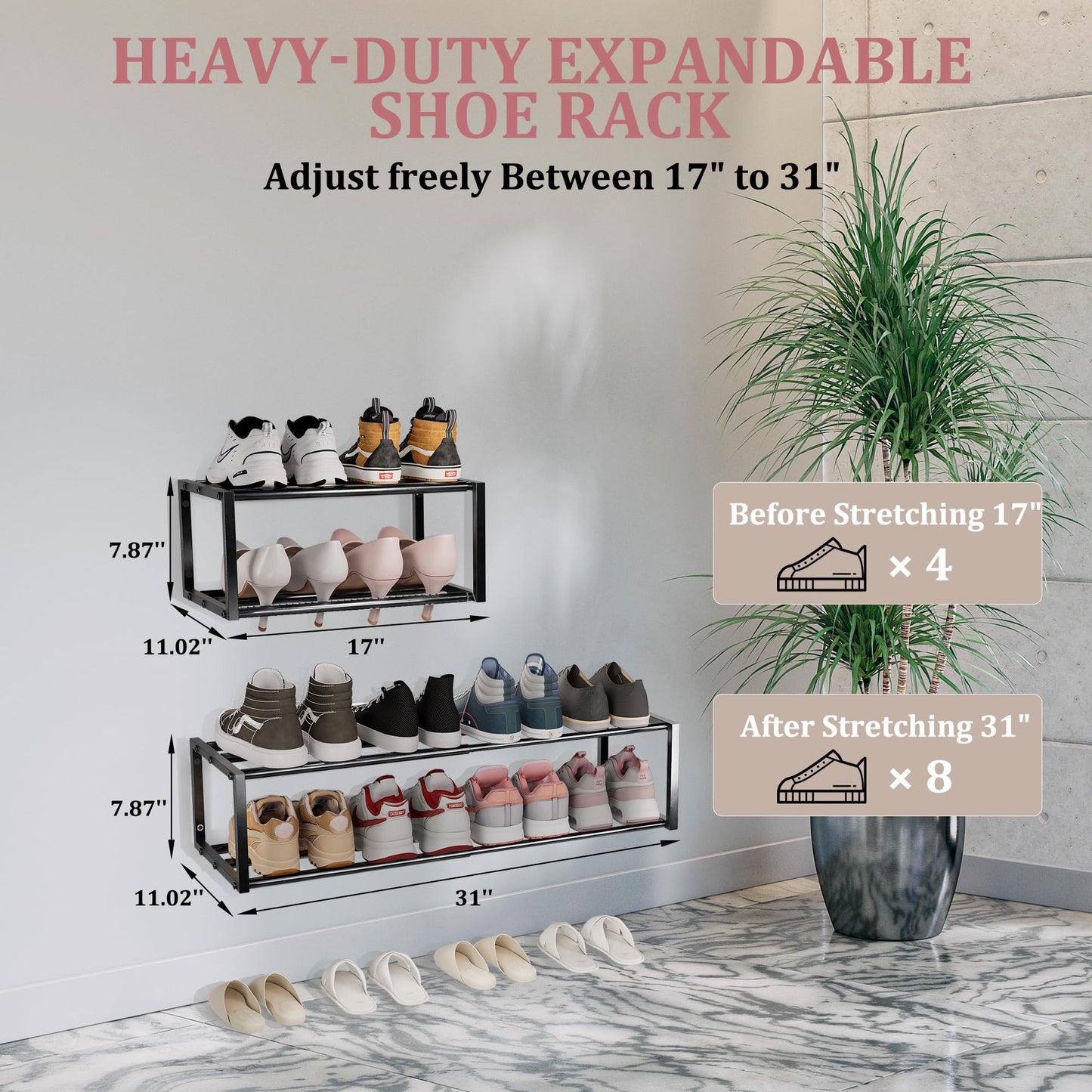 Jchccu 4 Pack Expandable Wall Mounted Shoe Rack, 17"-31" Adjustable Hanging Shoe Rack Holds 32 Pairs, Heavy Duty Metal Shoe Holder with 8 Storage Hooks, Space Saving for Entryway Closet Doorway(Black