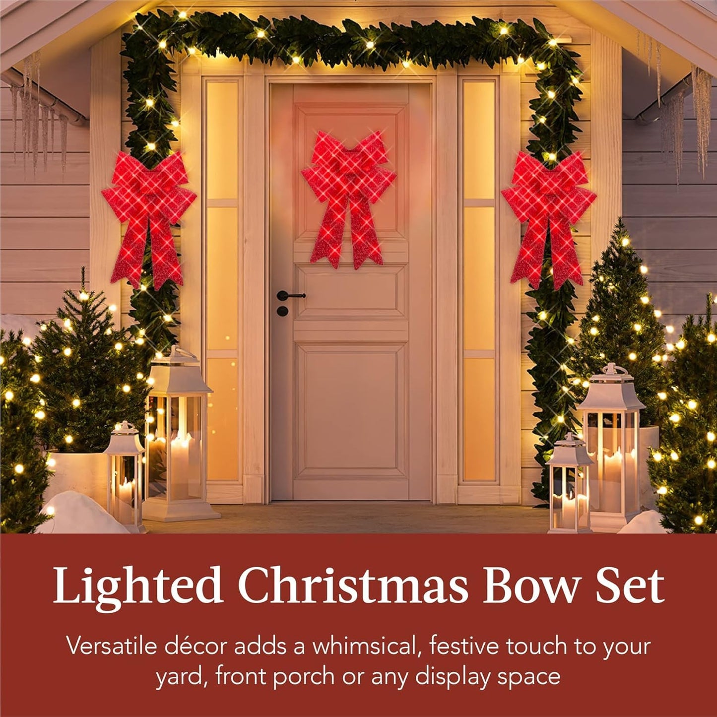 Pre-Lit Large XL Christmas Bow Decoration, Large Outdoor LED Holiday Yard Décor w/ 30 Lights, 8 Light Functions, Timer, Hanging Hook (Red)