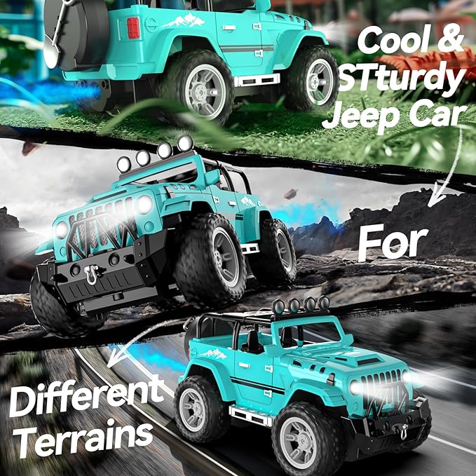 DEERC Remote Control Car with Fog Mist & Music 1:16 Remote Control Truck for Boys 2.4Ghz RC Car Toy with 2 Batteries All Terrain SUV Gifts Crawler with Trailer Hitch