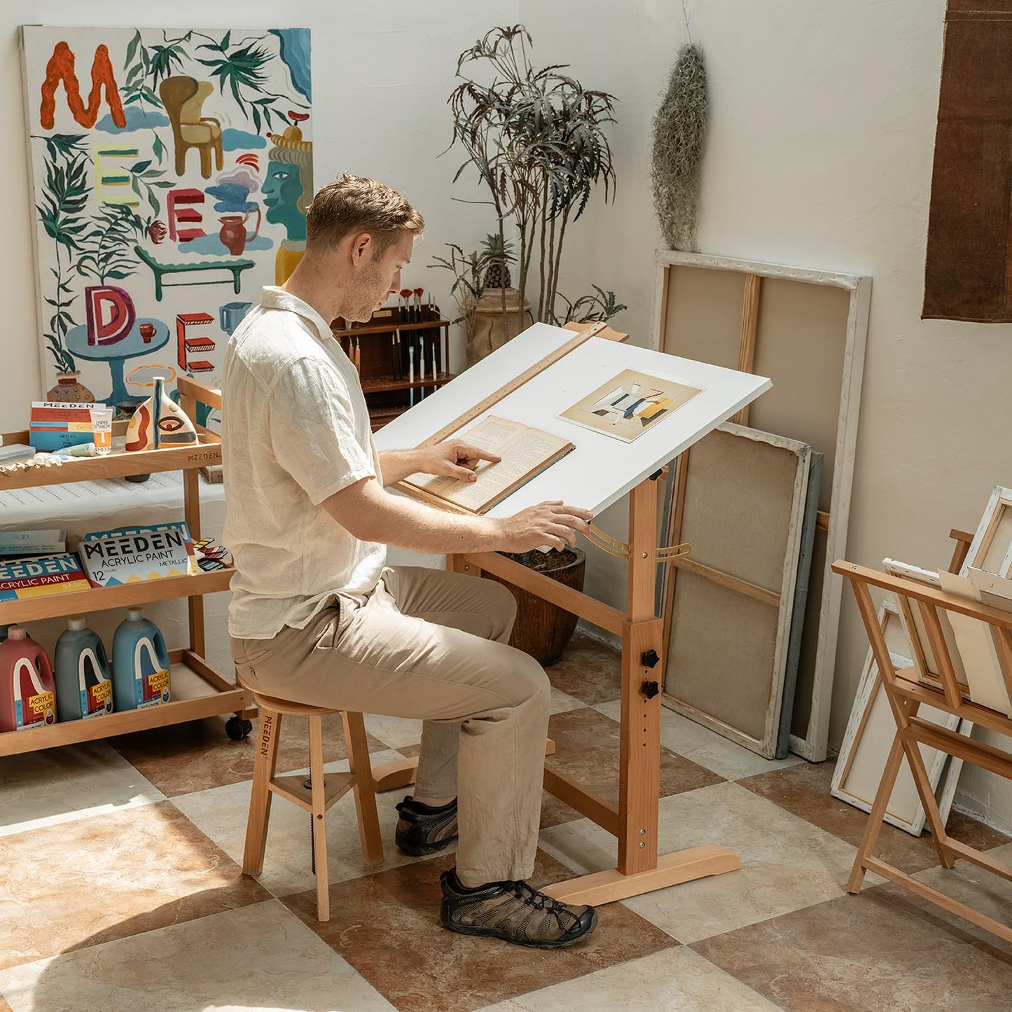 MEEDEN White Adjustable Drafting Table: 35.5" x 23.5" Art Drawing Desk with Height Adjustment - Solid Beech Wood Craft Painting Table - Large Tilting Table for Adults Artists Writing Working