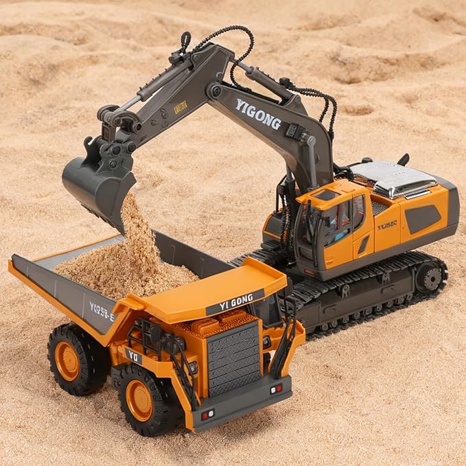 HuiJuKeJi Remote Control Dump Truck - 360° Rotating Metal Bed 9-Channel RC Construction Toy for Indoor Outdoor Play Rechargeable with Lights & Sounds for Kids Ages 6+