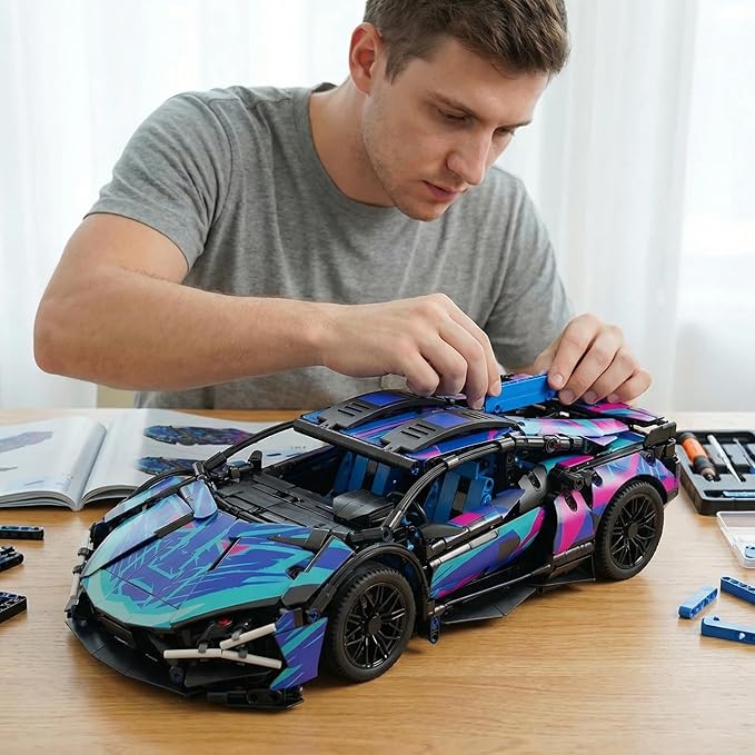 DIY RC Kit - 1280PCS Building Blocks for Adults & Kids 1:14 Scale Remote Control Sports Car with LED Lights STEM Building Blocks for Creative Play
