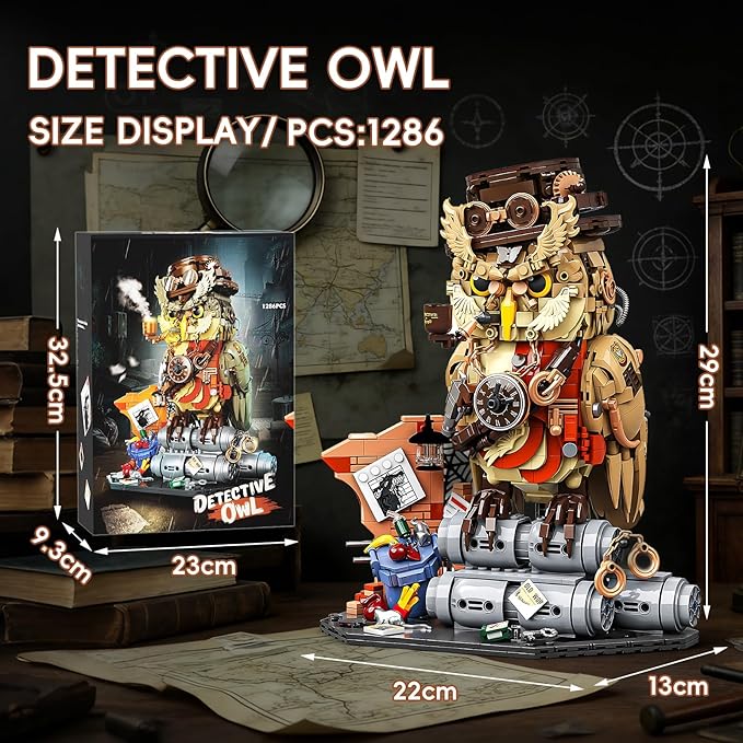 Private Detective Owl Building Blocks Set Steampunk Detective Owl Building Set Retro Mechanical Animal Construction Kit Creative Gift for Adults Teens 1286 PCS
