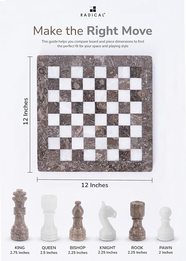Radicaln Marble Chess Set 12 Inches Grey Oceanic and White Handmade Classic Strategy Board Game Ideal Chess Board & 32 Pieces for Adults