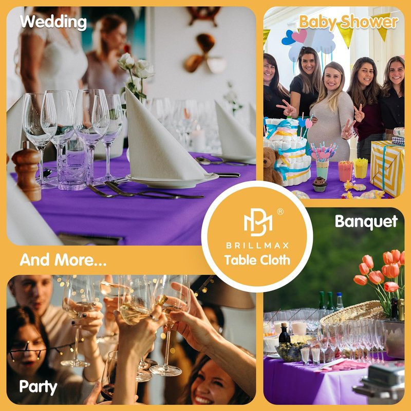 BRILLMAX 6 Pack Purple Tablecloths 70 x 120 Inch for 6ft & 8ft Rectangle Tables - 150 GSM Polyester Fabric, Universal Fit, Water, Stain & Wrinkle Resistant Cloth Cover for Wedding Reception Banquet