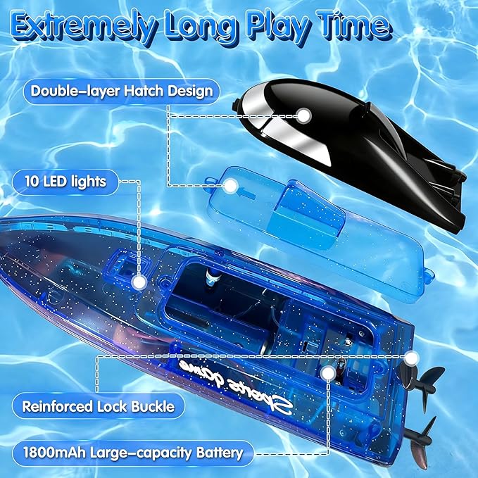 RC Boat with 1800mAh Battery Transparent Remote Control Boat with 10 LED Lights Auto Reverse 2.4 GHz Double Waterproof Racing Speedboat Toy for Kids and Adults Gift for Boys Girls for Lake & Po