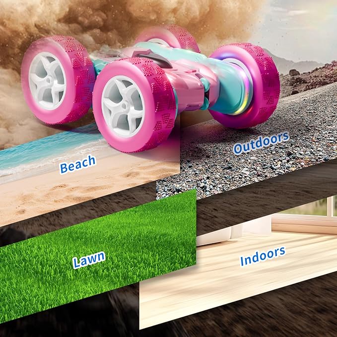 RC Car Pink 4WD Remote Control Car 360° Flip Double‑Sided LED Light Bar & Quick‑Swap USB‑C Modular Battery 2.4 GHz No‑Interference Popular Outdoor Beach Toy Popular Gift for Girls Ages 6‑12