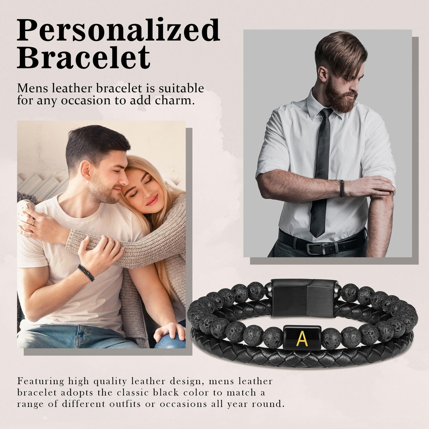 Bracelets for Men - Men Gifts Lava Rock Bead Magnetic Clasp Black Mens Leather Bracelet with Initial Black Mens Leather Bracelets Initial I Bracelet for Men's Jewelry Men's Gifts for Dad Husband Him