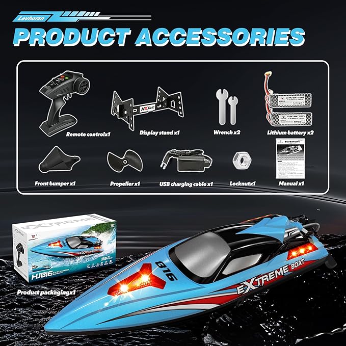 34+MPH Brushless RC Boat for Adults & Kids with 2 Rechargable Batteries- Large 19” Remote Control Boat Toy HJ816 Rc Speed Boats for Lakes & Rivers (Cyan)