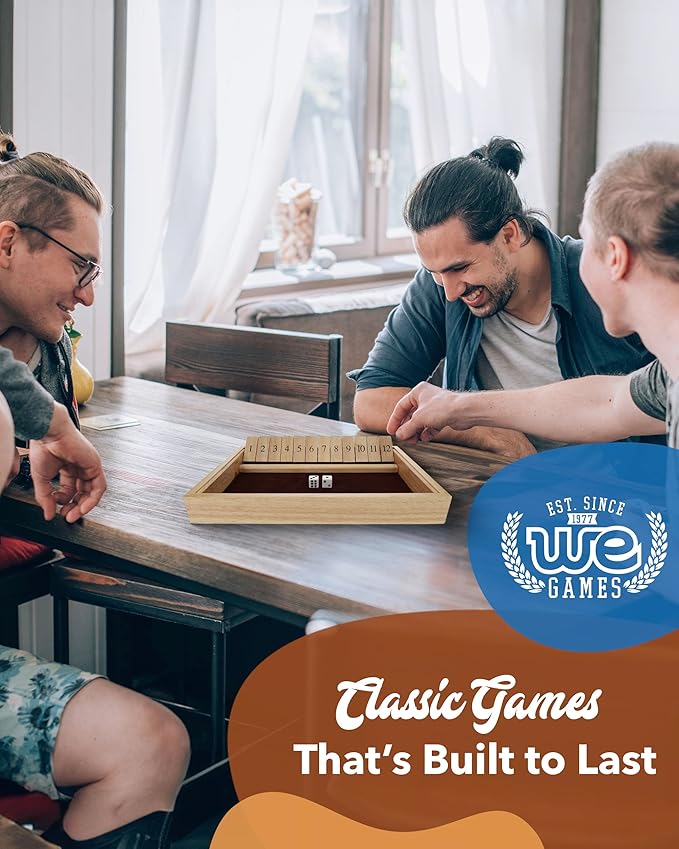 WE Games Wooden Shut The Box - Close The Box Set with 12 Number Tiles & 2 Dice Games - 13.5” Natural Wood Finish