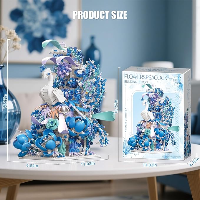 Blue Flowers Peacock Building Set for Adults - Creative Animal Botanicals Peacock Bird Toy Home Office Art Deocr Compatible with Lego for Women Mom (2470 PCS)
