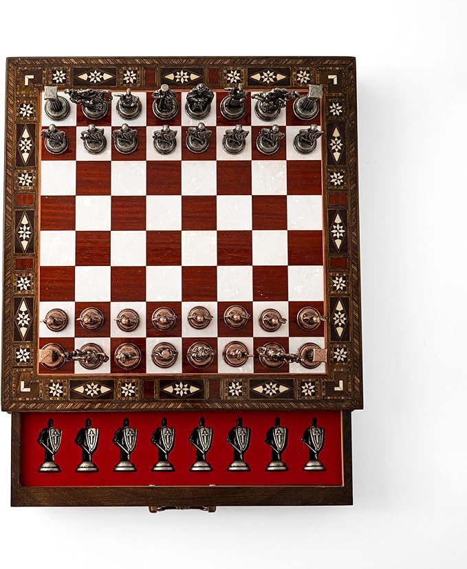 Luxury Wooden Chess Set with Metal British Army Pieces – Handmade Walnut Chess Board with Storage – Decorative Gift for Adults & Father Gift (Rose)
