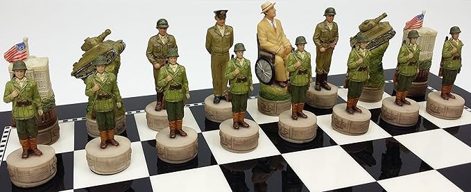 HPL World War 2 US vs Germany Chess Set Hand Painted W/High Gloss Black & White Board WW2
