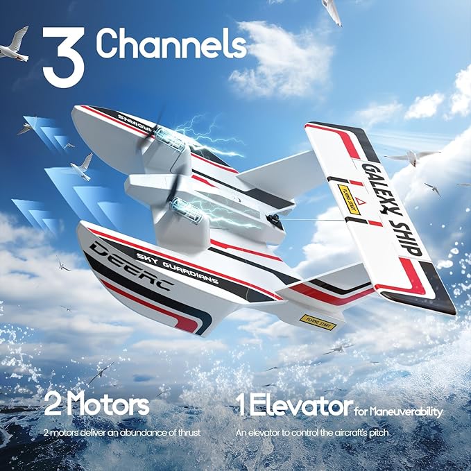 DEERC RC Plane for Water Land & Air Amphibious Tri-Phibian Aircraft 3CH Remote Control Plane W/ 2 Batteries 2.4GHz RTF Airplane Glider for Boy Girl
