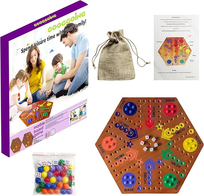 Wooden Board Game Board Game Original Marble Game Double Sided Painted 2 to 6 Player Fast Track Wooden with 6 Colors 24 Marbles 6 Dice for Adults Kids Family(24 INCH Flame)