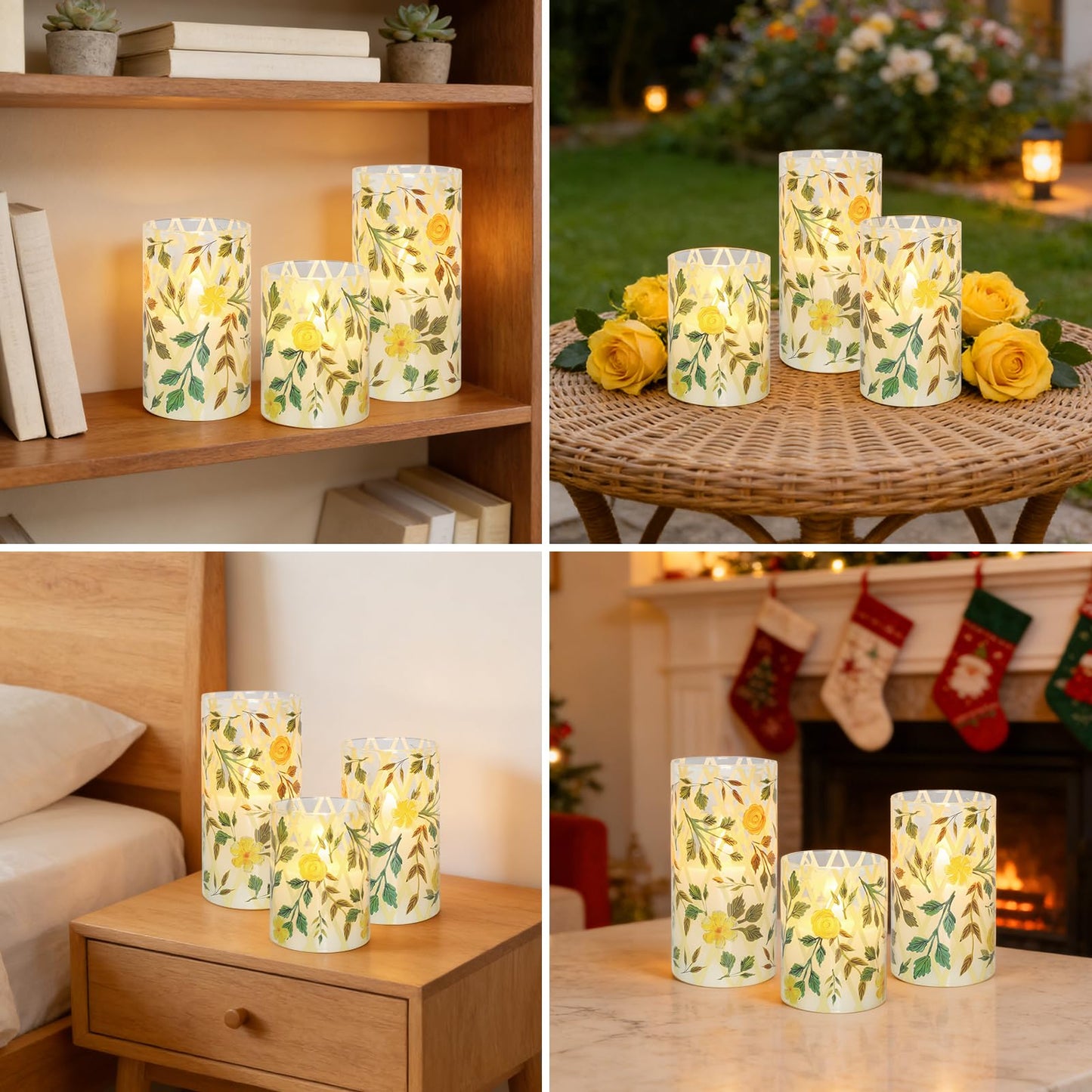 Crystal Club Yellow Floral Flameless Candles with Remote & Timer, 3D Wick Flickering Pillar LED Flameless Candles, Battery Operated for Home Wedding Party Festival Decor, Set of 3