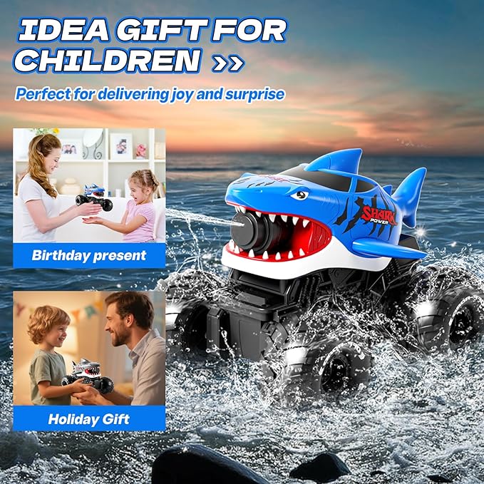 Gesture Sensing Amphibious Remote Control Shark Monster Truck with Water Squirt 4WD 1:16 RC Car All-Terrain Waterproof RC Tank Pool Toy Outdoor Summer Gifts for Kids Age 6+(With 2 Replaceable battery)