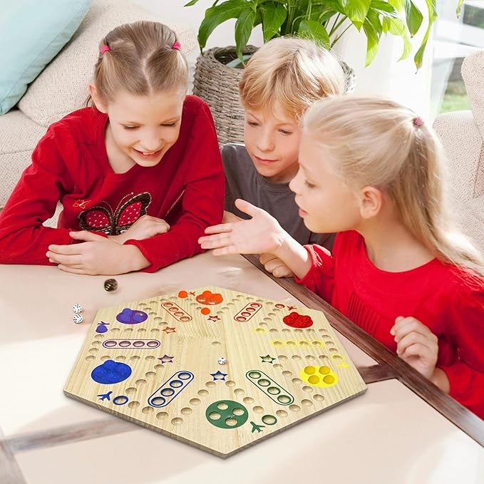 Wooden Wahoo & Board Game – Double-Sided Painted Fast Track Game for 4 to 6 Players with 30 Marbles and 6 Dice Ideal for Family Game Night and Friends Gatherings (Wooden)