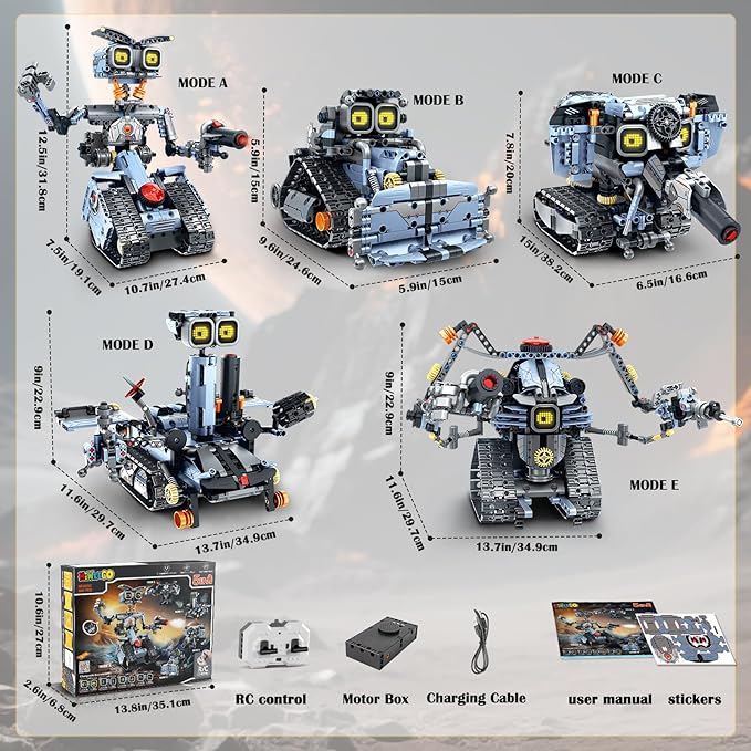Changeable LED Eyes Robot Building Set- 5 in 1 Remote & App-Controlled Robotic Building Block RC Elephant/Bulldozer/Tank/Tracked Model Kit Toys Gift for Kids Boys Girls Teens Age 12+ Years Old