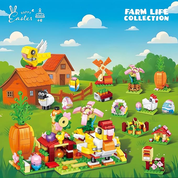 2026 New Easter Gifts Building Set for Kids -12-in-1 Happy Farm Village Building Toy with Prefilled Eggs Easter Basket Stuffer & Decorations for Boys & Girls 6+ with Farm Animals Hen &