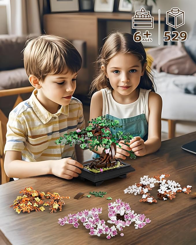 4 in 1 Bonsai Tree Building Set Four Season Cherry Bonsai Tree Building Kit Artificial Plant Decor for Home Desk Greenery Mother's Day Present Xmas Gifts for Adults Girls&Boys (529pcs)