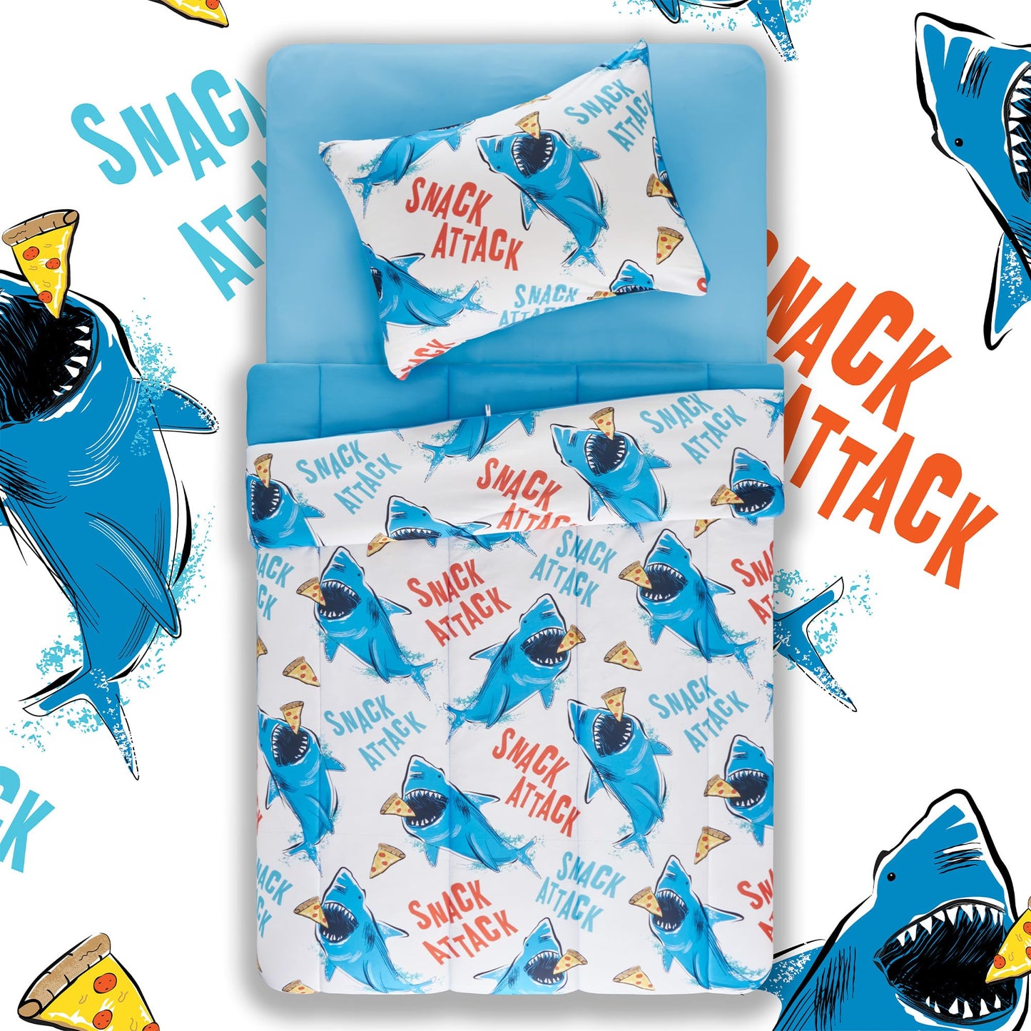 SLEEP ZONE Jersey Knit 2-Piece Twin Size Comforter Set, Blue Shark Design for Boys, Skin-Friendly and Breathable, Super Soft, Durable, Comfortable Kids Bedding Set(Sharks, Twin)