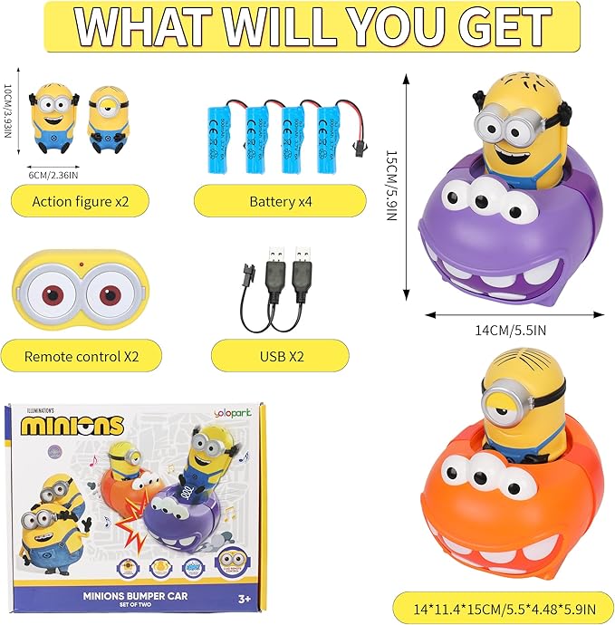 YOLOPARK Minions 2 Pack Remote Control CarDespicable Me RC Bumper Cars with Light & Sound Effect360° Rotating Minion Figure Bump and Eject ToysChristmas Birthday Gifts for Ages 3+ Year Old