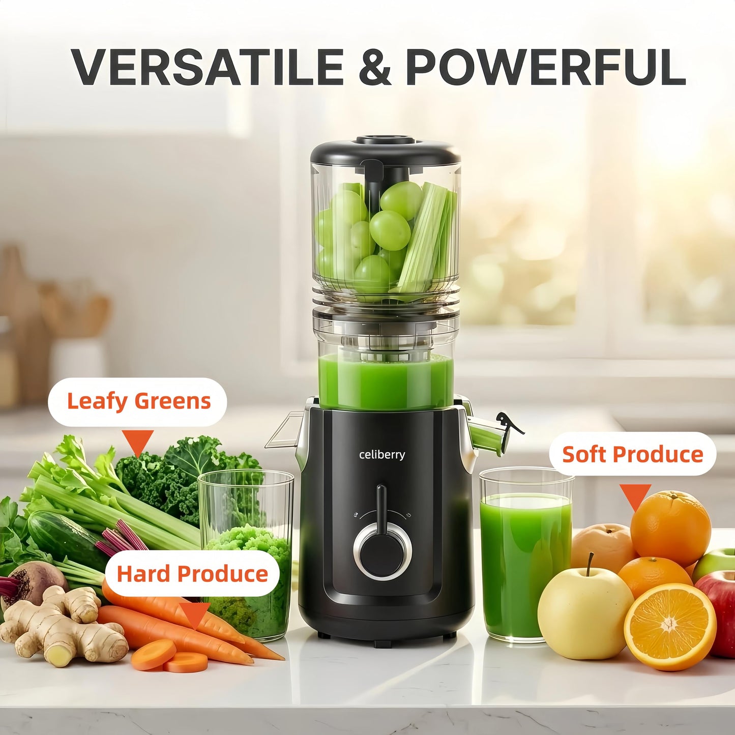 celiberry Cold Press Juicer Machines, 5.3” Large Feed Chute Slow Masticating Juicer for Whole Fruits & Vegetables, Easy Clean, 300W Quiet Juice Extractor, 99% High Juice Yield, Black