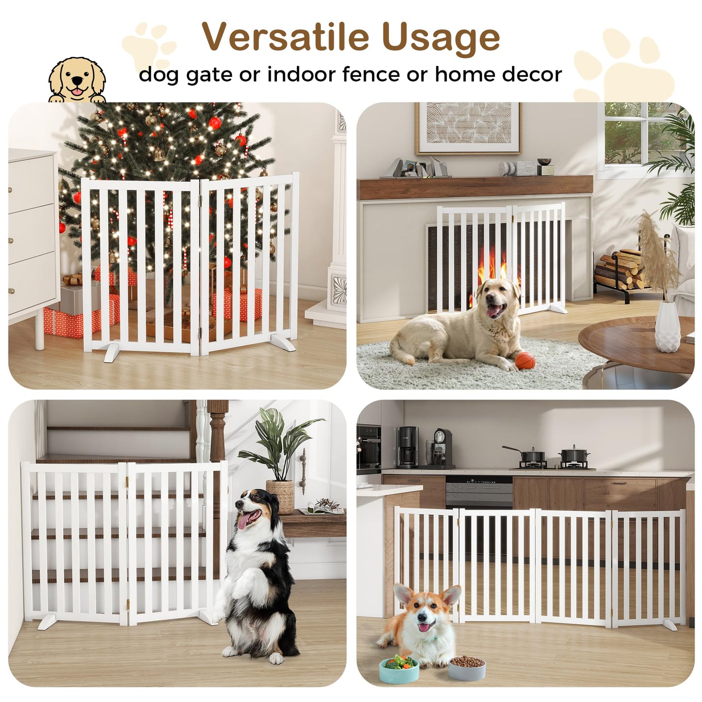 30" Height Tall Freestanding Pet Gate, Solid Wood Folding Safety Fence Wooden Dog Gate with 2 PCs Support Feet Ideal for Stairs, Doorways, Halls, Kitchens, Heavy Duty Gates, 2 Panels, White