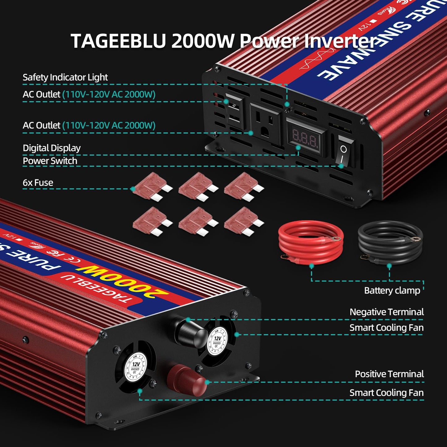 TAGEEBLU 2000W Pure Sine Wave Inverter - 4000W Surge Peak, 12V DC to 110V AC Heavy Duty Power Inverter for RV, Truck, Home, Solar, Off-Grid, Outdoor, Car Converter with Dual AC Outlets and LCD Display