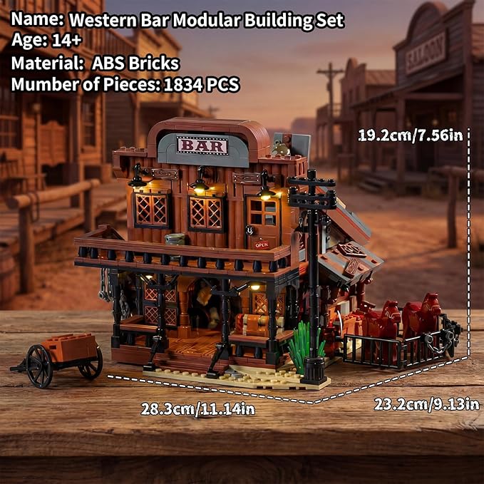 Western Bar Modular Building Set for Adults Wild West Cowboys Cabin with Horses & LED Lights Collection House Set for West Lovers (1834 PCS)