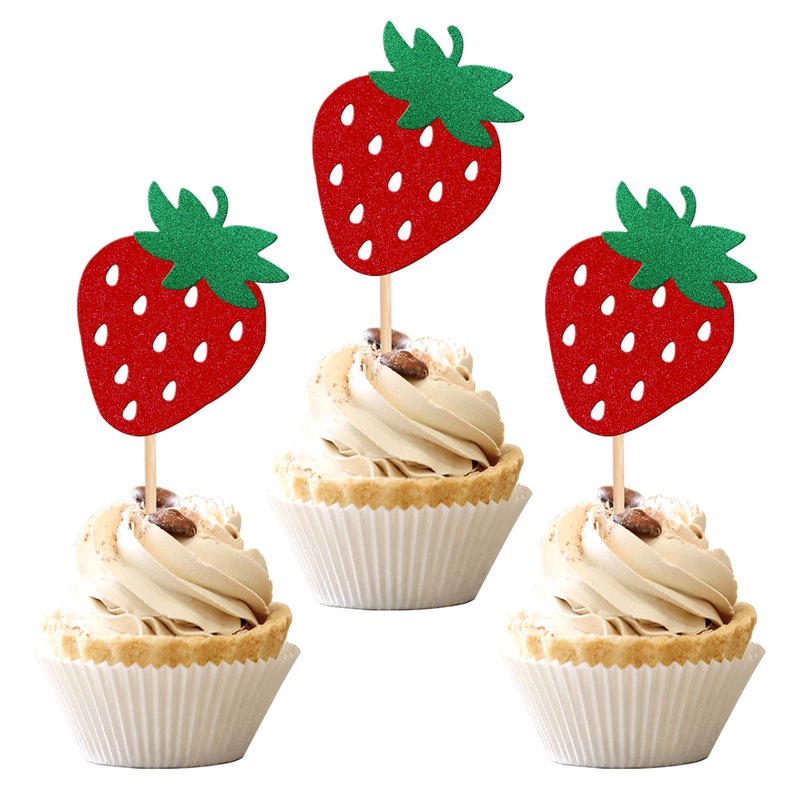 24 PCS Strawberry Cupcake Toppers Red Glitter Fruit Theme Berry Strawberry Cupcake Picks for Summer Sweet Fruit Baby Shower Kids Birthday Party Cake Decorations Supplies