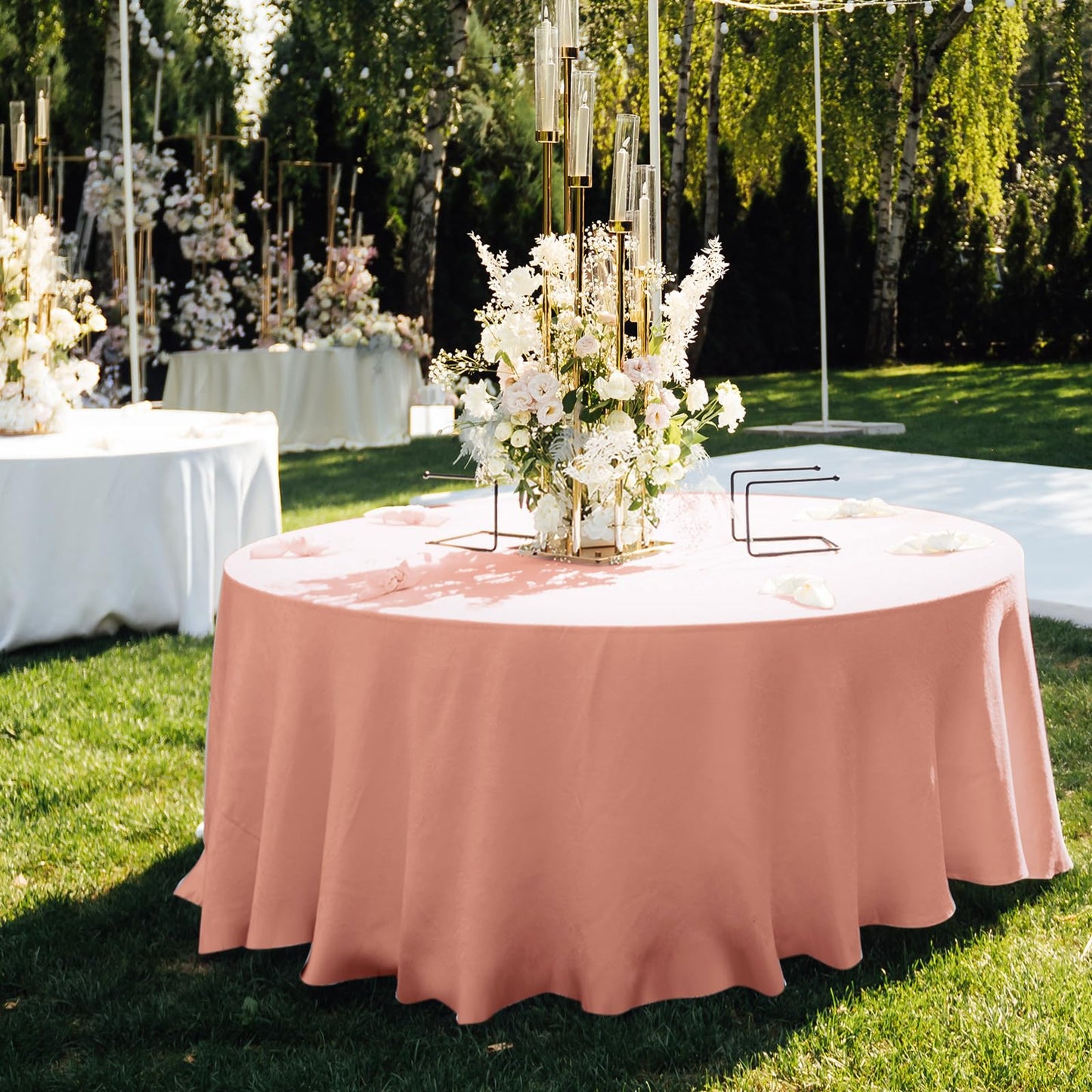 Buryeah 12 Pcs 84 Inch Rose Gold and White Round Plastic Disposable Table Cloth Waterproof Tablecloth Circle Table Covers for Bridal Wedding Birthday Party Gender Reveal Baby Shower