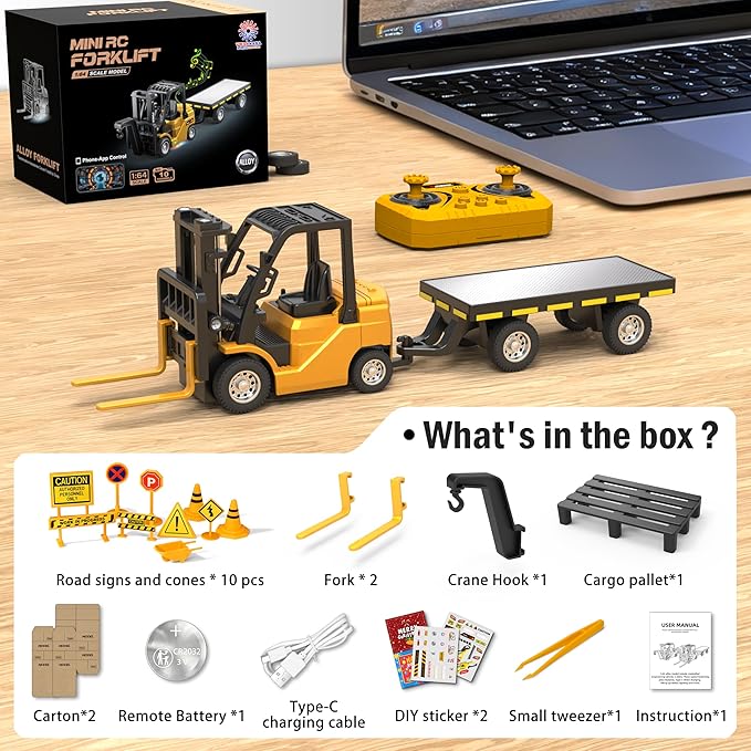 1/64 RC Forklift Toy 3 in 1 Mini Forklift Remote Control & App Remote Control Forklift with Trailer & Fork & Hook 10CH Alloy RC Construction Vehicles Desktop Toy for Adults Kids Boys Gi