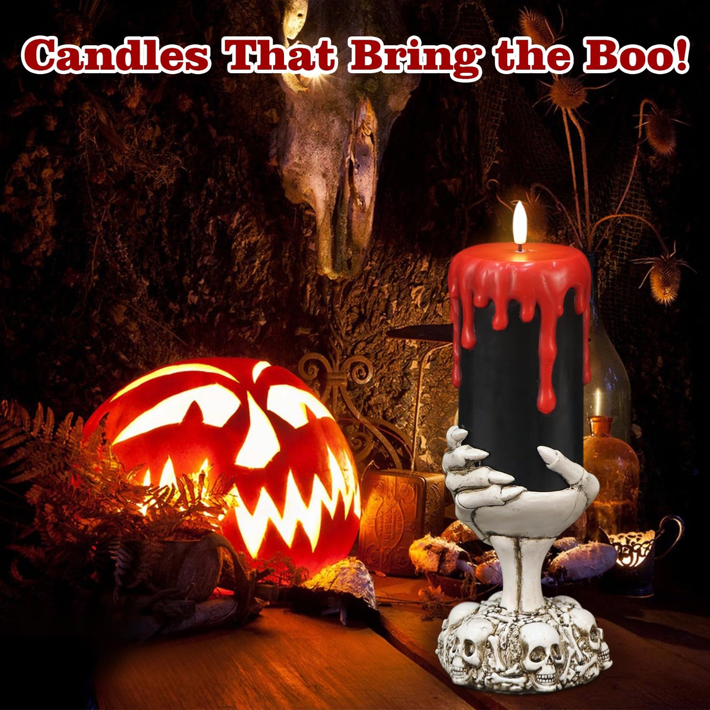 Lasumora Halloween Decorations Black Flameless Candles with 6H Timer, Battery Operated Candles with Skull Hand Candle Holder, Real Wax Dripping Halloween Candle Spooky Halloween Decor Indoor