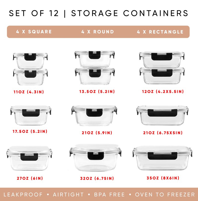 JoyJolt 24pc Borosilicate Glass Storage Containers with Lids | 12 Airtight/Freezer Safe Food Storage Containers for Pantry and Kitchen | Meal Prep Container for Lunch | Glass Tupperware Set