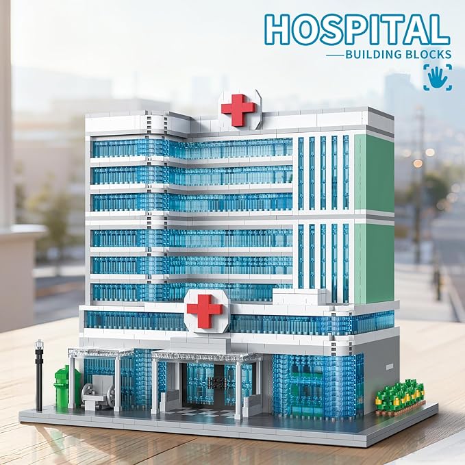 Hospital Building Blocks Set 1350 Pieces Modern City Architecture Model with Detailed Interior Micro Mini Bricks Construction Toy Medical Center Clinic Gift for Adults & Teens