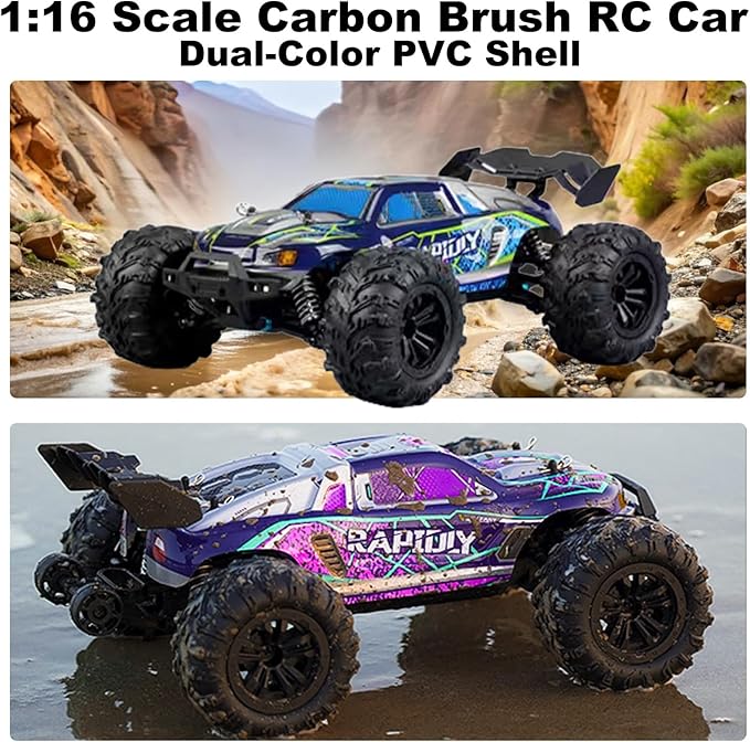1:16 Scale RC Car for Adults 25+ MPH High Speed 4WD Waterproof Off-Road All-Terrain RC Truck with 2 Batteries & 2.4GHz Controller (1:16 Scale Carbon Brush)