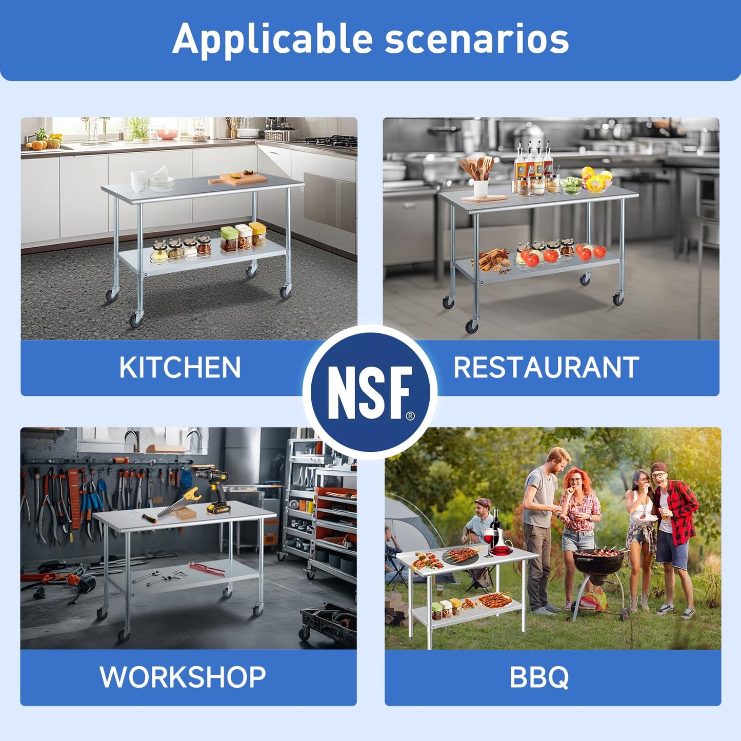 ROCKPOINT Stainless Steel Table for Prep & Work with Caster Wheels 24x30 Inches, NSF Metal Commercial Kitchen Heavy Duty Table with Adjustable Under Shelf and Table Foot for Restaurant, Home and Hotel