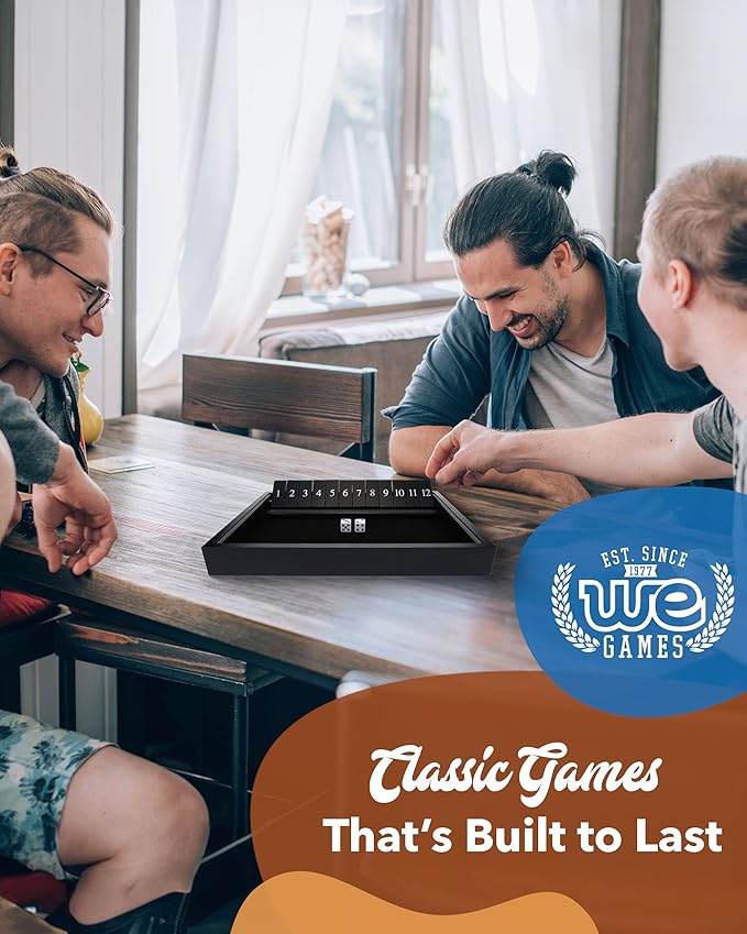 WE Games Wooden Shut The Box - Close The Box Set Pub Game with 12 Number Tiles & 2 Dice Games - 13.5” Black Stained Finish for Adults