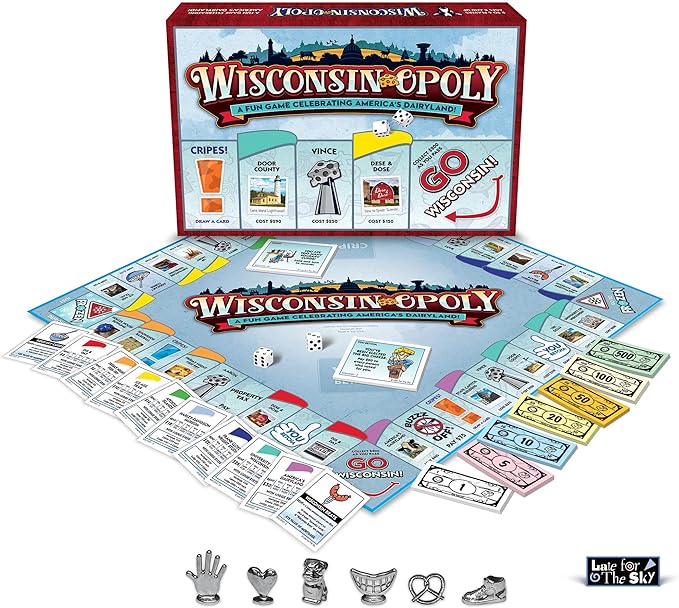 Late for The Sky Wisconsin-Opoly Board Game – Family Strategy Party Game for 2-6 Players Ages 8+ – Buy Properties Build Cabins & Lodges – Wisconsin Gift