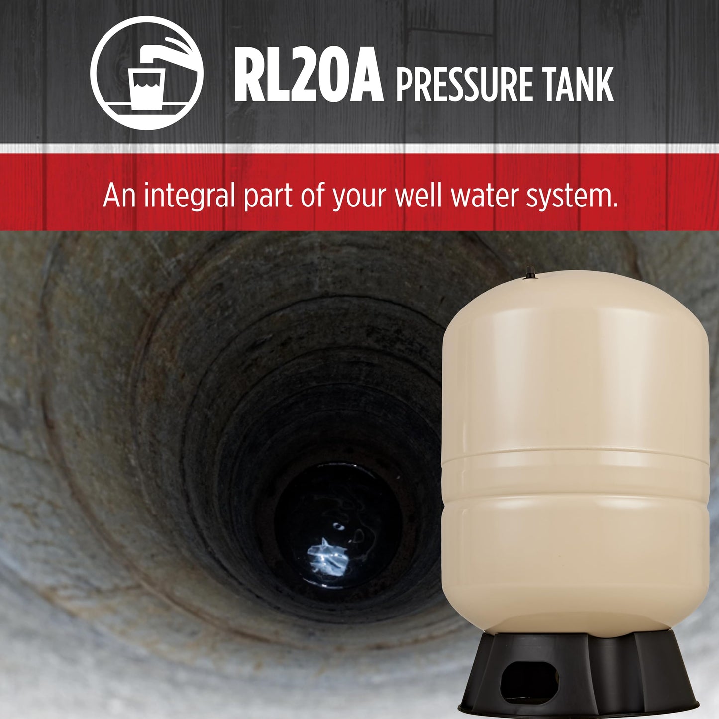 Red Lion RL20A - 20-Gallon Vertical Pre-Charged Pressure Tank with Thermoplastic Base for Well Pumps, 1-Inch FNPT Elbow System Connection, Almond, 604682