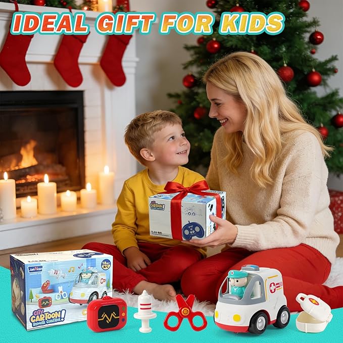Remote Control Car for Kids - Cartoon RC Ambulance Toy for Toddlers 18+ Months Ages 2 3 4 5 Years Old Birthday Gifts for Boys with Lights & Sounds & Music