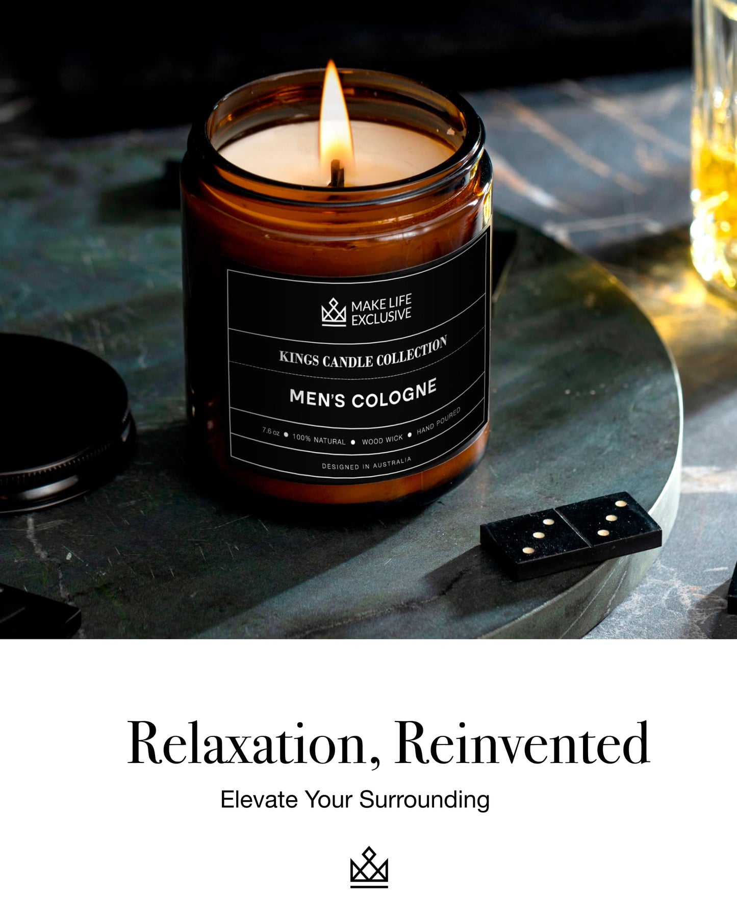 Scented Candles for Men | Men's Cologne, Amber Sandalwood Scent | Wooden Wick, Long Lasting, Masculine Scents | Natural Soy Jar Candle for Home, Bacehlor Pad Decor | The Perfect Mens Gift