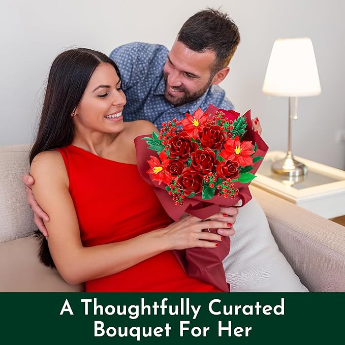 Rose Flower Bouquet Building Set for Adults Buildable Artificial Poinsettia Floral Botanical Decor for Table Centerpiece Birthday for Women Girlfriend Mom Wife(917 Pcs)