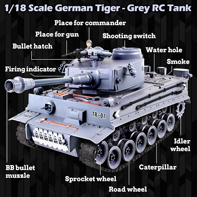 1/18 Remote Control Tank German Tiger - Gray RC Tank Thats Shoots BBS 60 Minute Playing Time Smoke Sound LED Lights Excellent Gift for Kids and Adults