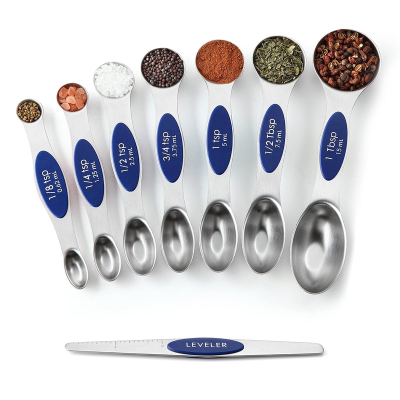 Spring Chef Magnetic Measuring Spoons Set, Dual Sided, Stainless Steel, Fits in Spice Jars, Sapphire, Set of 8, 2 Pack
